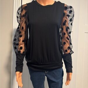 Women's Black Top with Sheer Polka Dot Sleeves